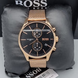 Hugo Boss Associate Chronograph Black Dial Rose Gold Mesh Bracelet Watch for Men - 1513806