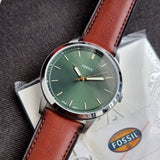 Fossil Minimalist Green Dial Brown Leather Strap Watch for Men - FS6094
