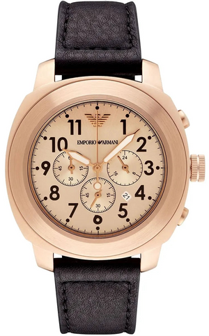 Emporio Armani Ruggero Rose Gold Dial Black Leather Strap Watch for Men - AR6087