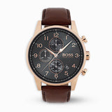 Hugo Boss Navigator Chronograph Grey Dial Brown Leather Strap Watch for Men - 1513496