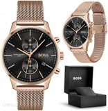 Hugo Boss Associate Chronograph Black Dial Rose Gold Mesh Bracelet Watch for Men - 1513806