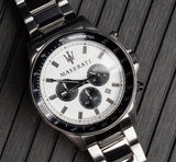 Maserati SFIDA Chronograph White Dial Silver Steel Strap Watch For Men - R8873640003