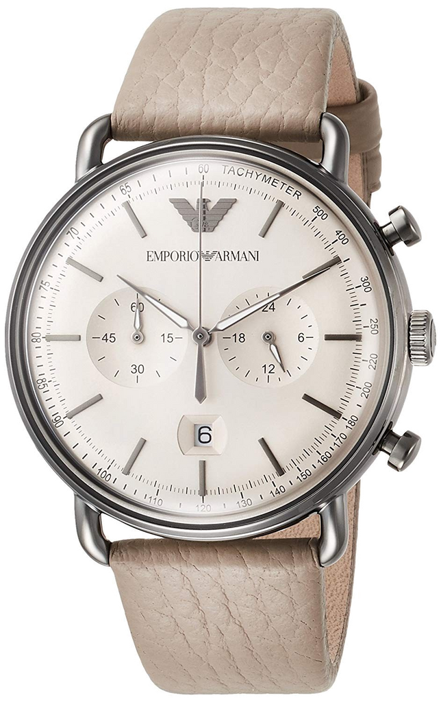 Emporio Armani Aviator Chronograph Grey Dial Beige Leather Strap Watch For Men - AR11107