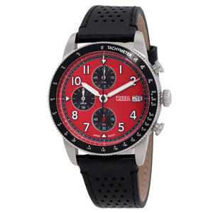 Fossil Tourer Red Dial Black Leather Strap Watch for Men - FS6086