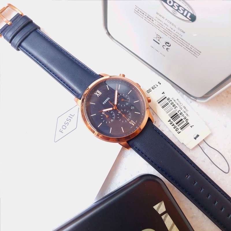 Fossil Neutra Chronograph Blue Dial Blue Leather Strap Watch for Men - FS5454