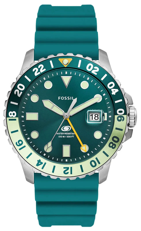 Fossil GMT Green Dial Blue Silicon Strap Watch for Men - FS5992