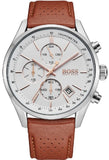 Hugo Boss Grand Prix Chronograph White Dial Brown Leather Strap Watch for Men - 1513475