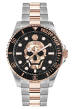 Philipp Plein The $kull Diver Black Dial Silver With Rose Gold Stainless Steel Strap Watch For Men- PWOAA0822