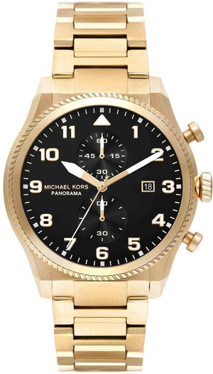 Michael Kors Panorama Black Dial Gold Steel Strap Watch for Men - MK9195