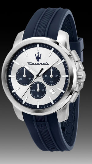 Maserati Successo Chronograph Silver Dial Blue Silicone Strap Watch for Men - R8871621042