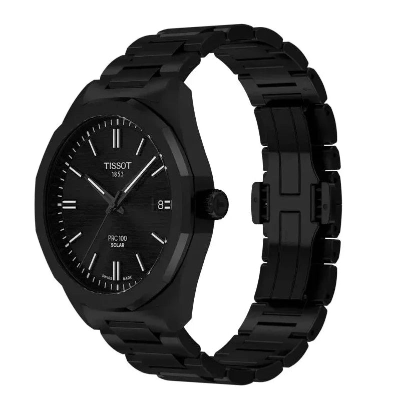 Tissot PRC 100 Solar Quartz Black Dial Black Steel Strap Watch for Men - T151.422.33.051.00