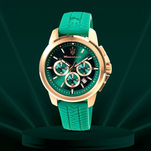 Maserati Successo Chronograph Green Dial Green Silicone Strap Watch for Men - R8871621038
