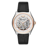 Emporio Armani Zeta Automatic Skeleton Silver Dial Black Leather Strap Watch For Men - AR60018
