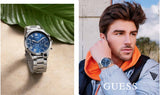 Guess Hendrix Chronograph Blue Dial Silver Steel Strap Watch for Men - W1309G1