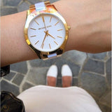 Michael Kors Slim Runway Quartz White Dial Two Tone Steel Strap Watch For Women - MK4295