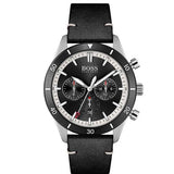 Hugo Boss Globetrotter Chronograph Black Dial Black Leather Strap Watch for Men - 1513864