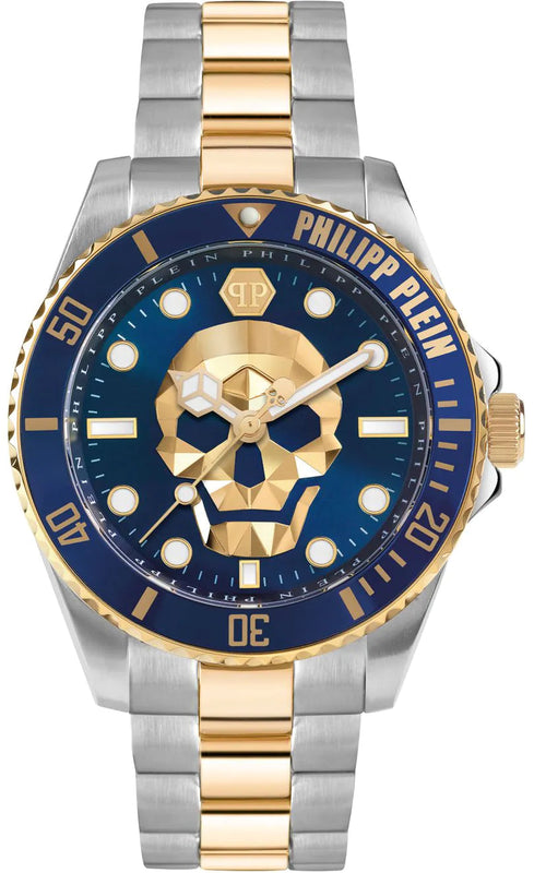 Philipp Plein The $kull Diver Blue Dial Silver With Gold Stainless Steel Strap Watch For Men- PWOAA0722