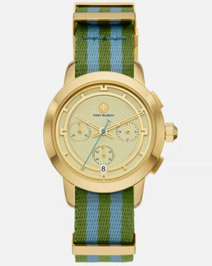 Tory Burch The Tory Chronograph White Dial Two Tone NATO Strap Watch for Women - TBW1037