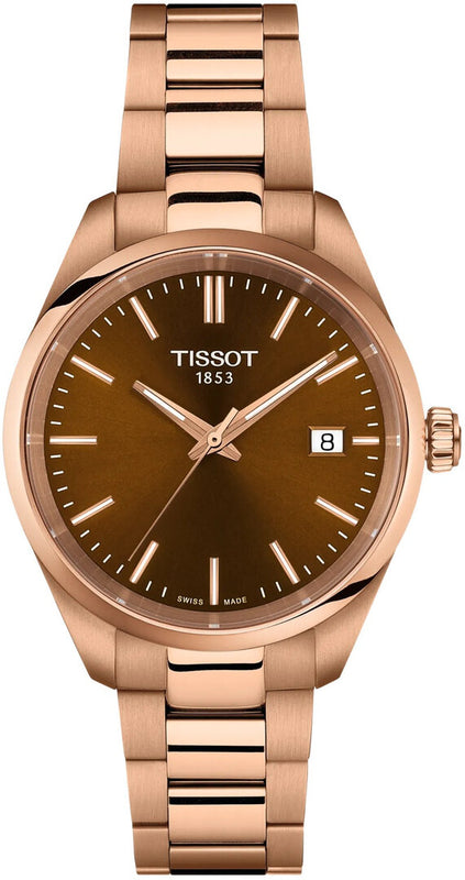 Tissot PR 100 Brown Dial Gold Steel Strap Watch for Women - T150.210.33.291.00